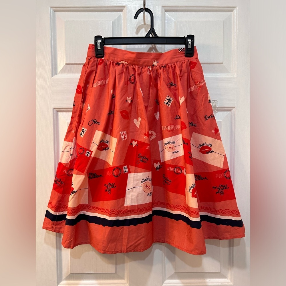 ModCloth More Than Charming Love Letters Print Cotton Skirt Sz S Fit Flare Flirt